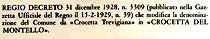 REGIO DECRETO DEL 31 DICEMBRE 1928 CHE CAMBIA LA DENOMINAZIONE IN CROCETTA DEL MONTELLO